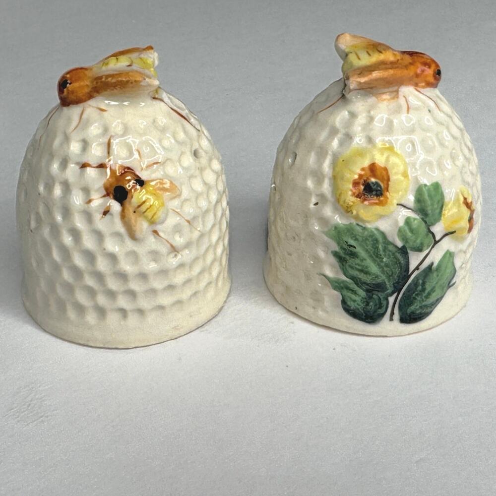 Vintage Beehive Salt & Pepper Shakers, Japan, Bees & Yellow Flowers